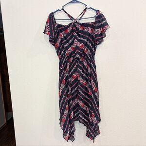 Asymmetrical Cold Shoulder Boho Dress by Maurice's Size M Blue Red Floral